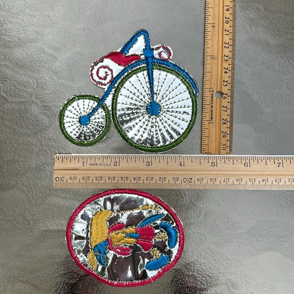 3 VTG 60-70s Sew On Shiny Embroidered Patches Old Bicycle Penny-Farthing & Witch - Picture 6 of 8